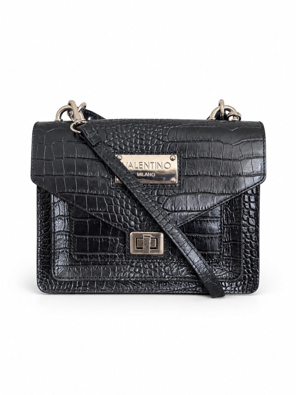 VALENTINO by Mario Valentino Black Croc-Embossed Mini Crossbody Bag